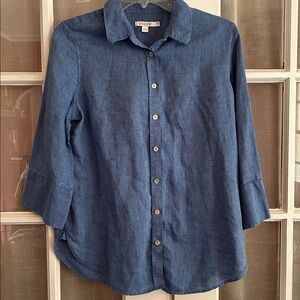 Chicos Top Womens US 6 Blue 100% Linen Chambray Button Front 3/4 Sleeves Casual